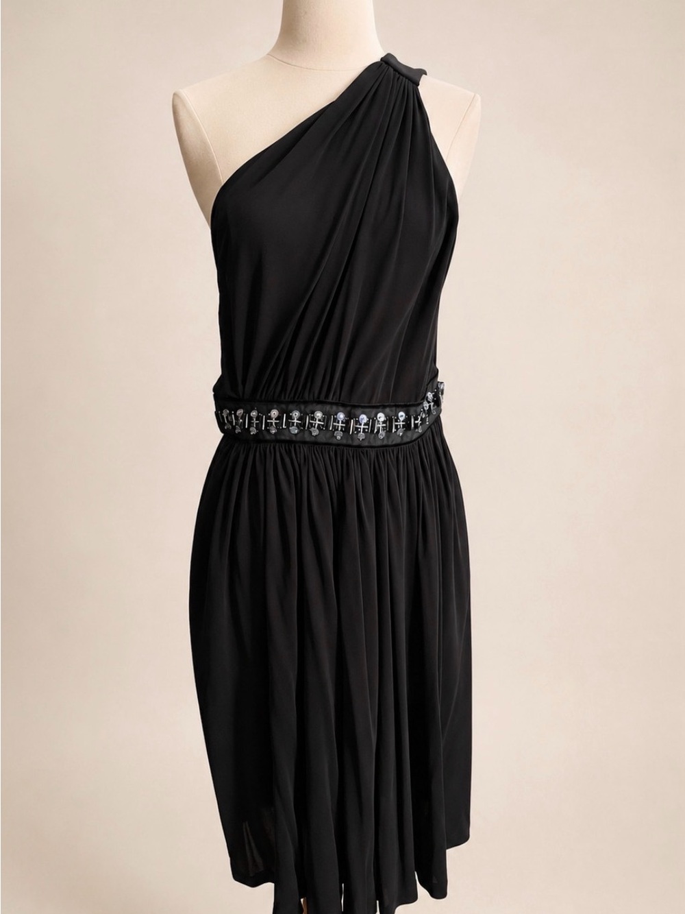RARE RUNWAY Dolce & Gabbana One-Shoulder Black Dress with Jeweled Waist
